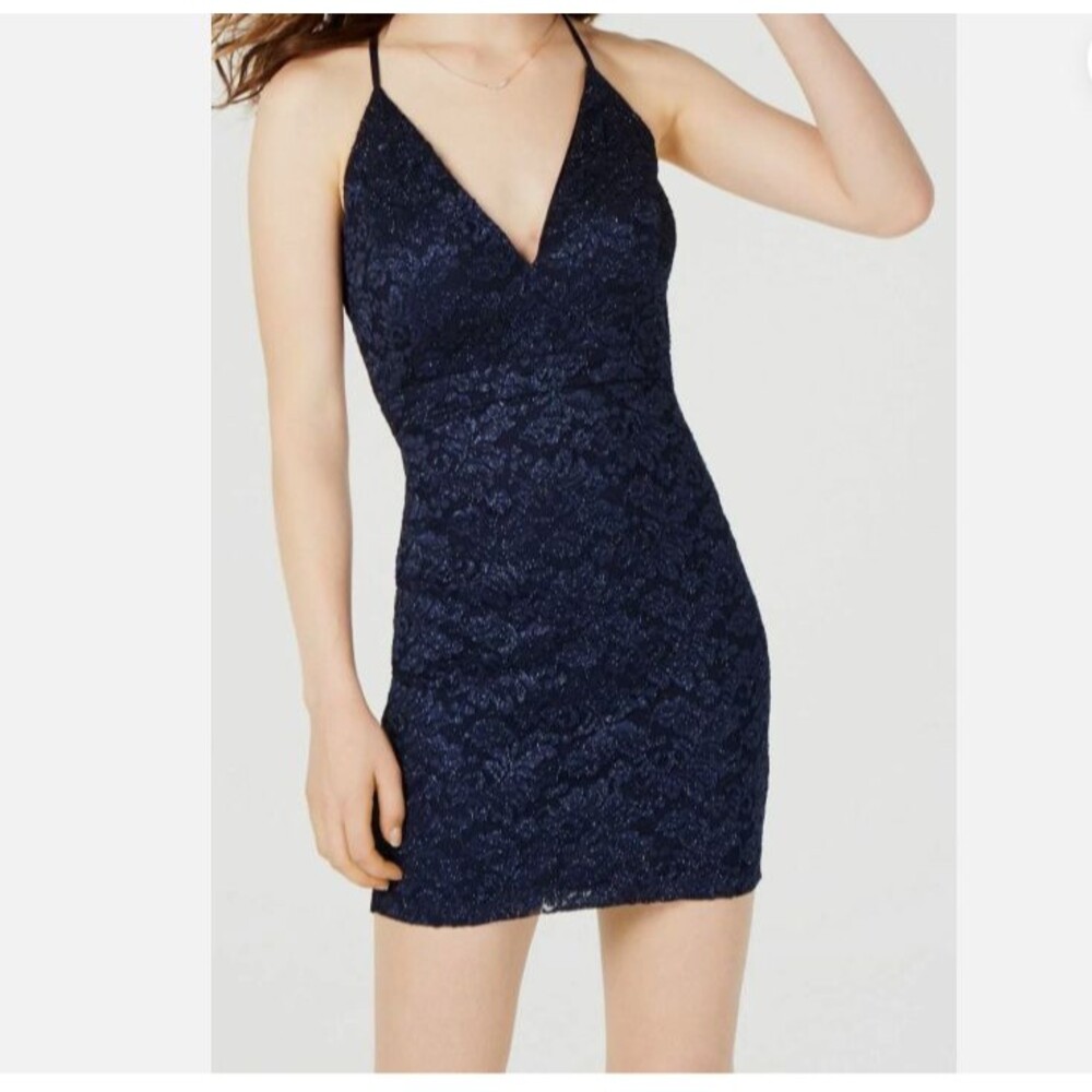 Emerald Sundae Juniors' Navy Glitter Lace Mini‎ Bodycon Dress Sz S Hoco Wedding